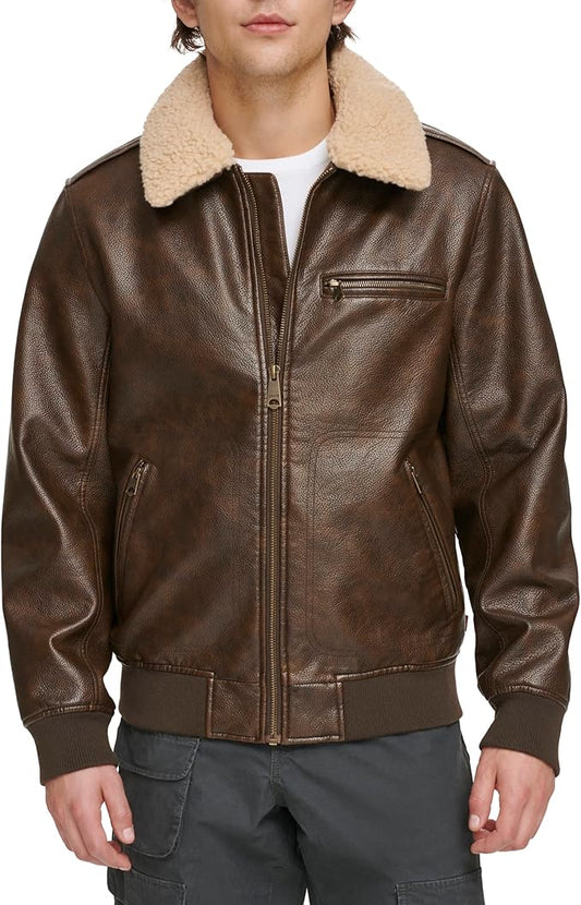 Light Brown Leather Jacket with Sheep Fur Collar - Genuine Quality & Comfort